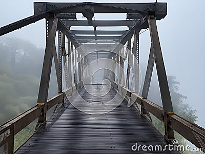 abandoned bridge with fog in the forest Stock Photo