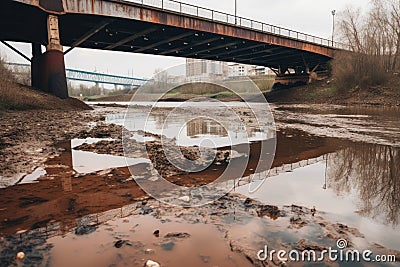 Abandoned bridge over the river with puddles and mud Stock Photo