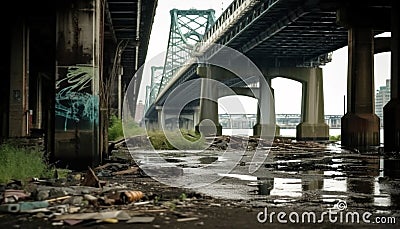 Abandoned bridge, rusty steel, old ruin, vanishing point, traffic mess generated by AI Stock Photo