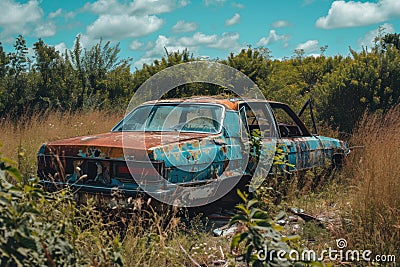Abandoned broken car. Generate Ai Stock Photo