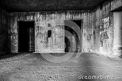 Abandoned building ghost living place with two doors Stock Photo