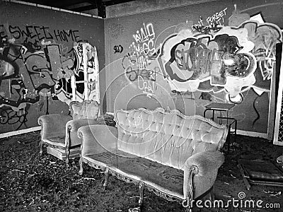 Abandoned building with illicit graffiti vandalism Stock Photo