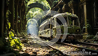 Abandoned car on railroad track, nature old fashioned transportation generated by AI Stock Photo