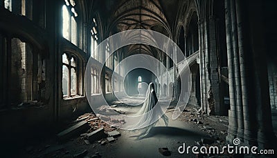 An eerie silhouette of a bride in a decaying cathedral Stock Photo