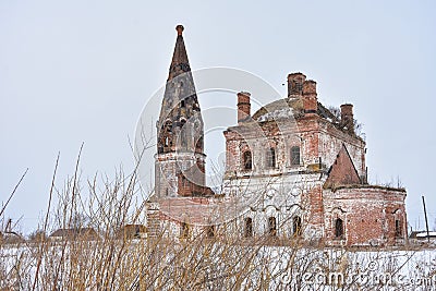 Abandoned church in winter, abandoned temple in outback of Russia Stock Photo