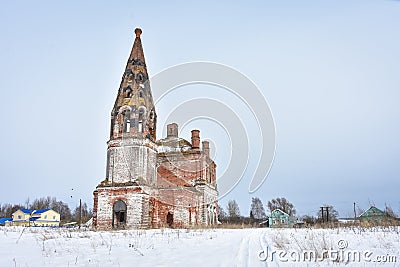 Abandoned church in winter, abandoned temple in outback of Russia Stock Photo