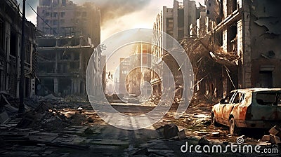 An Abandoned City Block With a Destroyed Car on the Right, Generative AI Stock Photo