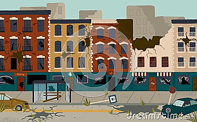 Abandoned city buildings vector cartoon illustration. People left town after earthquake or apocaliptic disaster. City Vector Illustration