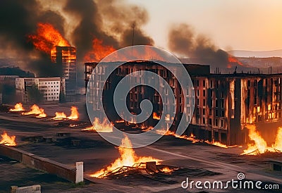 Abandoned city and rusted building burned in a flaming fire Stock Photo