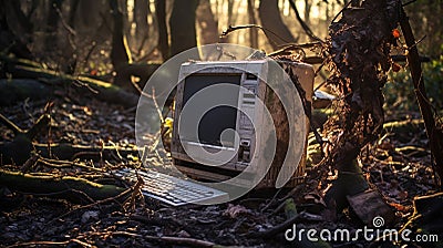 Abandoned computer in the desolate forest. - Generative ai Stock Photo