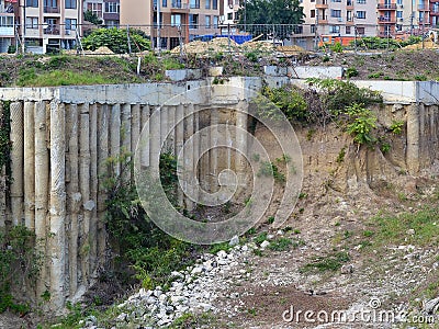 Abandoned constraction site with installed piles on which young trees and bushes grow in the city Stock Photo