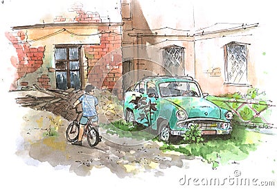 Abandoned courtyard with old car and a boy on a bicycle watercolor sketach Stock Photo