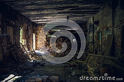 Abandoned creepy haunted mansion interior, hall, inside view with perspective Stock Photo