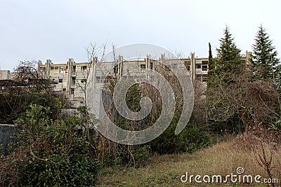 Abandoned creepy looking tall old trees without leaves mixed with pine trees in front of Cold War era hotel building Stock Photo