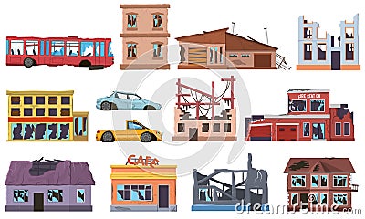 Abandoned damaged broken ruined buildings houses and cars. Old burnt out, trouble decay houses facades, cars, city bus Vector Illustration