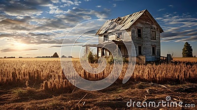 Abandoned damaged old house in a field Stock Photo