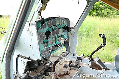 abandoned damaged russian military helicopter Mil Mi-2 Hoplite. broken air copter Stock Photo