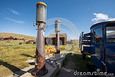 Vintage Shell gasoline sign and antique gas pump at ghost town of Bodie, California Editorial Stock Photo