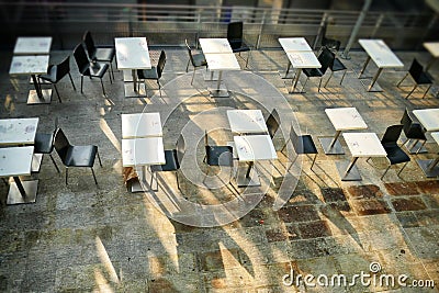 Abandoned deserted bar terrace tables Stock Photo