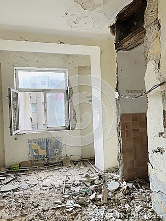 Abandoned , deserted house with stairs in Constanta city Romania Stock Photo