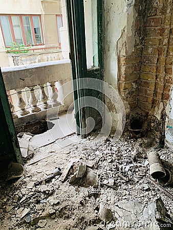 Abandoned , deserted house with stairs in Constanta city Romania Stock Photo