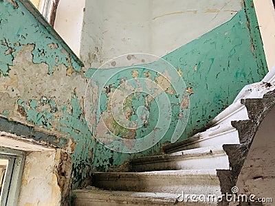 Abandoned , deserted house with stairs in Constanta city Romania Stock Photo