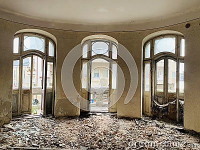 Abandoned , deserted house with stairs in Constanta city Romania Stock Photo