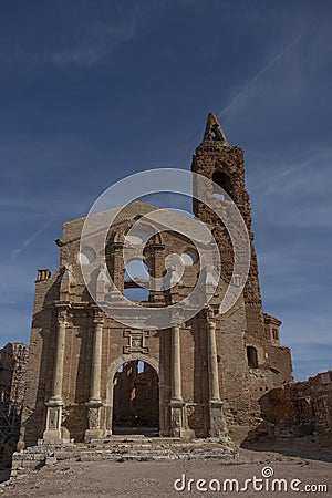 Abandoned destroyed church of San Martin de Tours in the old city of Belchite in Spain Editorial Stock Photo