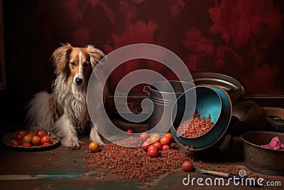 abandoned dog food bowl next to a pile of tipped trash Stock Photo