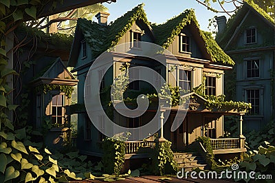 Abandoned Dollhouse Overgrown with Wild Ivy: Decaying Wood, Shattered Windows Allowing Nature's Reclamation Stock Photo