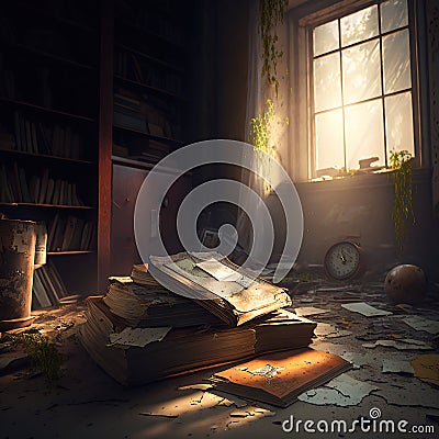 abandoned dusty room with books strewn around and cobwebs hanging created by generative AI Stock Photo