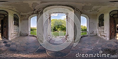 Abandoned empty concrete entrance hall room with columns or old building in full seamless spherical 360 hdri panorama in Stock Photo