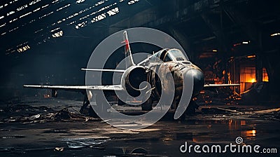 Abandoned Fighter Jet In Dimitry Roulland Style: Atmospheric Shots In An Old Warehouse Stock Photo