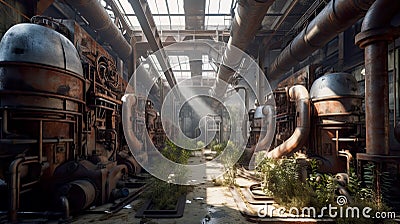 Abandoned, forgotten powerplant, old damaged machinery. AI generative industrial interior Stock Photo