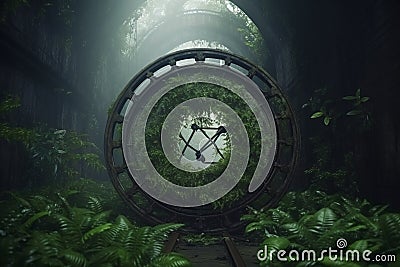 Abandoned giant rusty round device or gates stands amidst a lush forest, encircled by vibrant ferns and bathed in Stock Photo