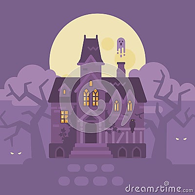 Abandoned gothic mansion with ghosts. Halloween haunted house Vector Illustration
