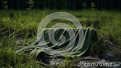 Abandoned Green Blanket In Rustic Woods Near Lake Stock Photo