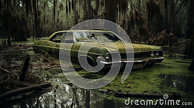 Abandoned Green Car Swamped By Moss Photorealistic Southern Gothic Scene Stock Photo