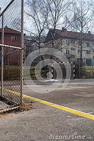 Abandoned handball goal court in brutalist styled quart Stock Photo