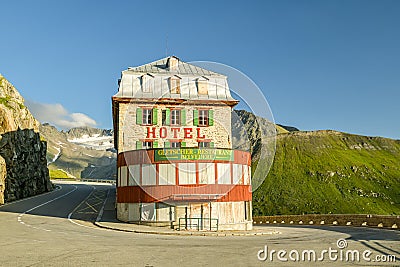 Abandoned hotel Belvedere in one of the many curves along the Furkapass mountain pass in Swiss Alps Editorial Stock Photo