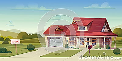 Abandoned house, empty broken cottage, real estate countryside building exterior. Two storey dwelling place with garage Vector Illustration