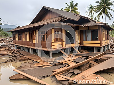 abandoned house with flooded water , tsunami attack Stock Photo