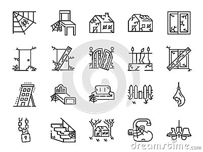 Abandoned house line icon set. Included icons as shabby, old, broken, damaged, scary, dilapidated and more. Vector Illustration