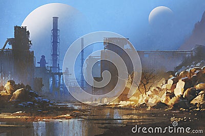 Abandoned industrial buildings with planets in the sky on background Cartoon Illustration