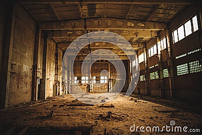 Abandoned industrial creepy warehouse inside old dark grunge factory building Stock Photo