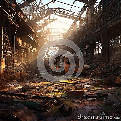 Abandoned industrial ruins with weathered construction elements. Decay background with old factory debris. Stock Photo