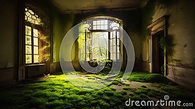 Abandoned interior of an old mansion with green moss and sunlight Stock Photo