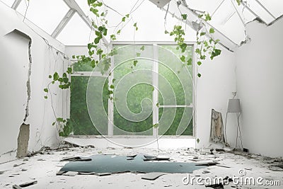 An abandoned living room with large windows that let in an abundance of natural light Stock Photo