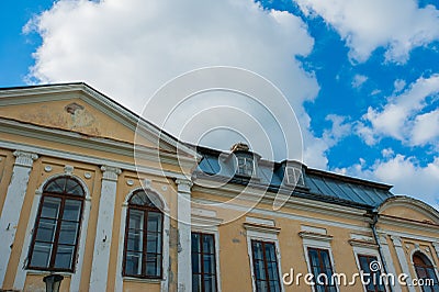 Abandoned mansion. Holy Palace Volovichi, castle in Svyatskoye. a beautiful old architectural structure, a stone or marble Stock Photo