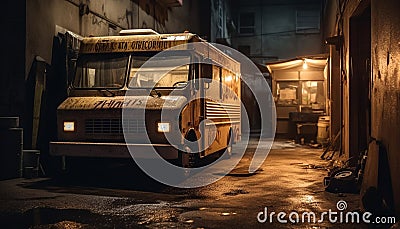 Abandoned old fire engine, rusty and broken, in dark warehouse generated by AI Stock Photo